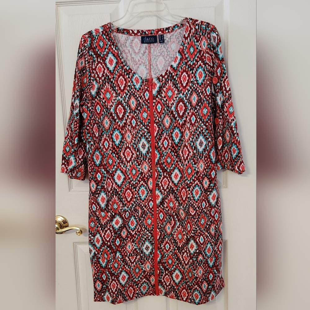 Multicolor Geometric Dress Zip Front Swim Coverup EUC Sze Small 🏖